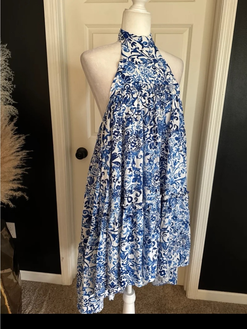 Olivaceous Blue White Toile High Neck High-Low Dress Size Small - Picture 5 of 12